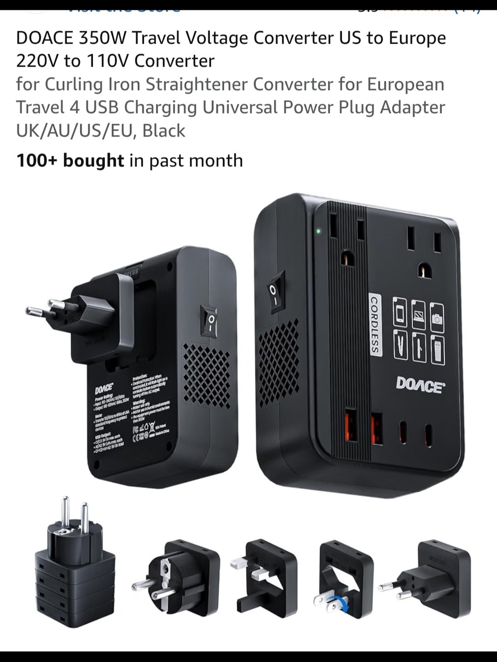 Travel Voltage Converter 350W with USB - Black